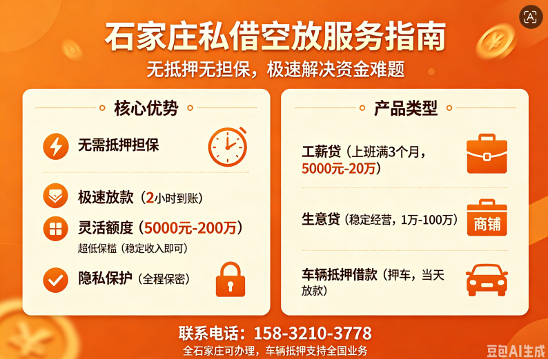 💥石家庄私借 空放 15832103778 私人借钱 个人借款 急用钱 短期周转 民间借贷 车辆抵押贷款！💥------庄里人速进！救急新姿势，资金难题一键清零💰